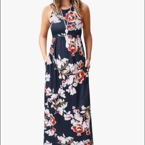Floral Maxi Dress - Navy and Red